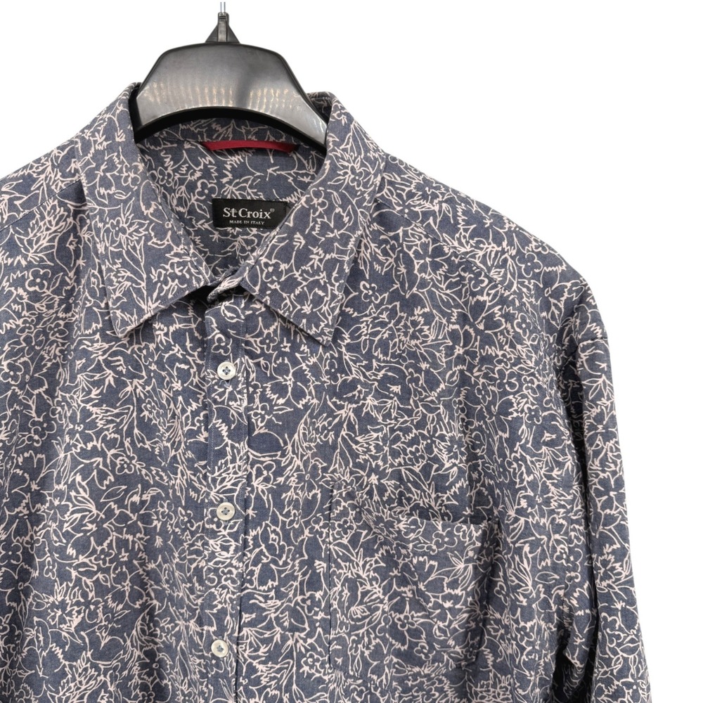 St Croix Mens XXL Pre-Owned Shirt Grayish Purple White Floral Art Made In Italy